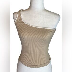 Hausen tan and beige one shoulder ribbed fitted tank top size xs extra small